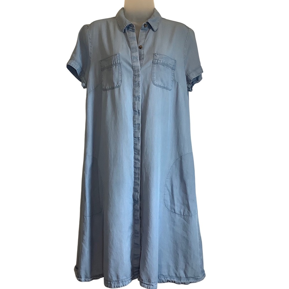 J. Jill Denim Tencel Lyocell Shirt Dress Blue Short Sleeve Button Front M Tall - Picture 15 of 16